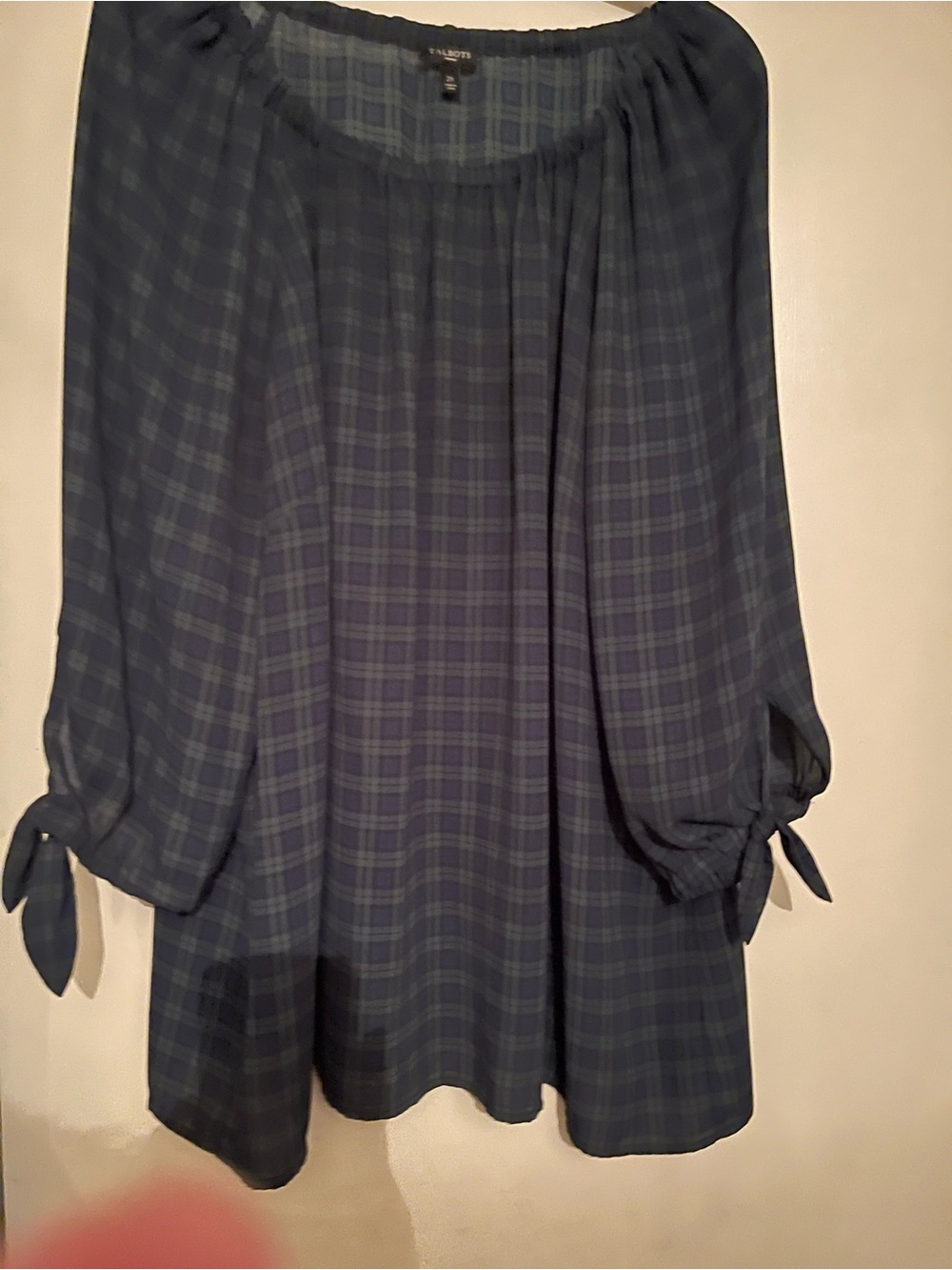Talbots Navy Plaid Off-Shoulder Tie-Sleeve Tunic, 2x